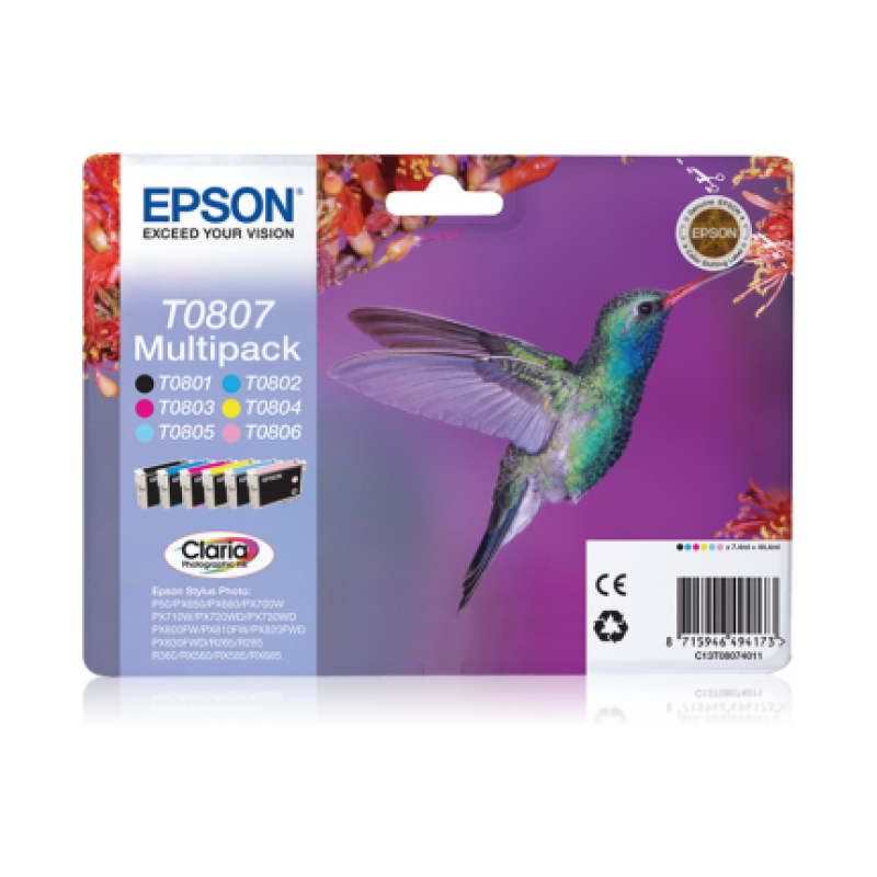 Epson T0807 Colibri - Pack de 6 - noire, cyan, cyan clair, magenta, magenta clair, jaune - original - cartouche d'encre