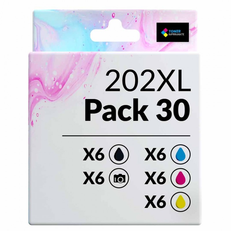 Pack de 30 cartouches compatibles 202XL Epson 6 noirs photo, 6 noirs, 6 cyan, 6 magenta, 6 jaune