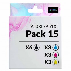 Pack de 15 cartouches compatibles 950XL/951XL HP 6 noirs, 3 cyan, 3 magenta, 3 jaune