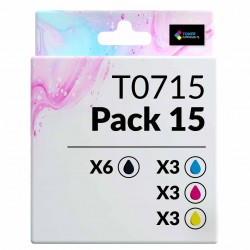 Pack de 15 cartouches compatibles T0715 Epson 6 noirs, 3 cyan, 3 magenta, 3 jaune