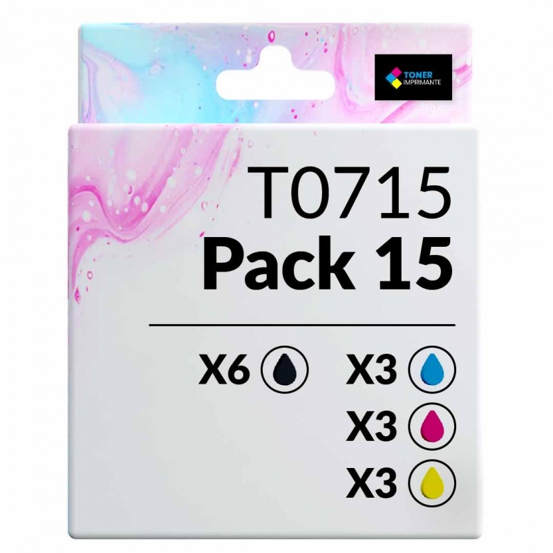 Pack de 15 cartouches compatibles T0715 Epson 6 noirs, 3 cyan, 3 magenta, 3 jaune