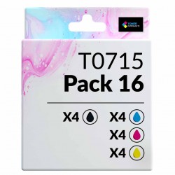 Pack de 16 cartouches compatibles T0715 Epson 4 noirs, 4 cyan, 4 magenta, 4 jaune