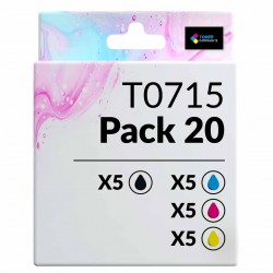 Pack de 20 cartouches compatibles T0715 Epson 5 noirs, 5 cyan, 5 magenta, 5 jaune
