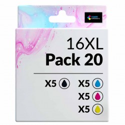 Pack de 20 cartouches compatibles 16XL Epson 5 noirs, 5 cyan, 5 magenta, 5 jaune