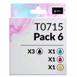 Pack de 6 cartouches compatibles T0715 Epson 3 noirs, 1 cyan, 1 magenta, 1 jaune