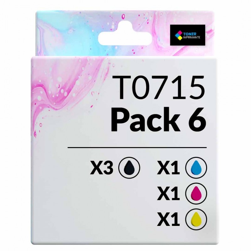 Pack de 6 cartouches compatibles T0715 Epson 3 noirs, 1 cyan, 1 magenta, 1 jaune